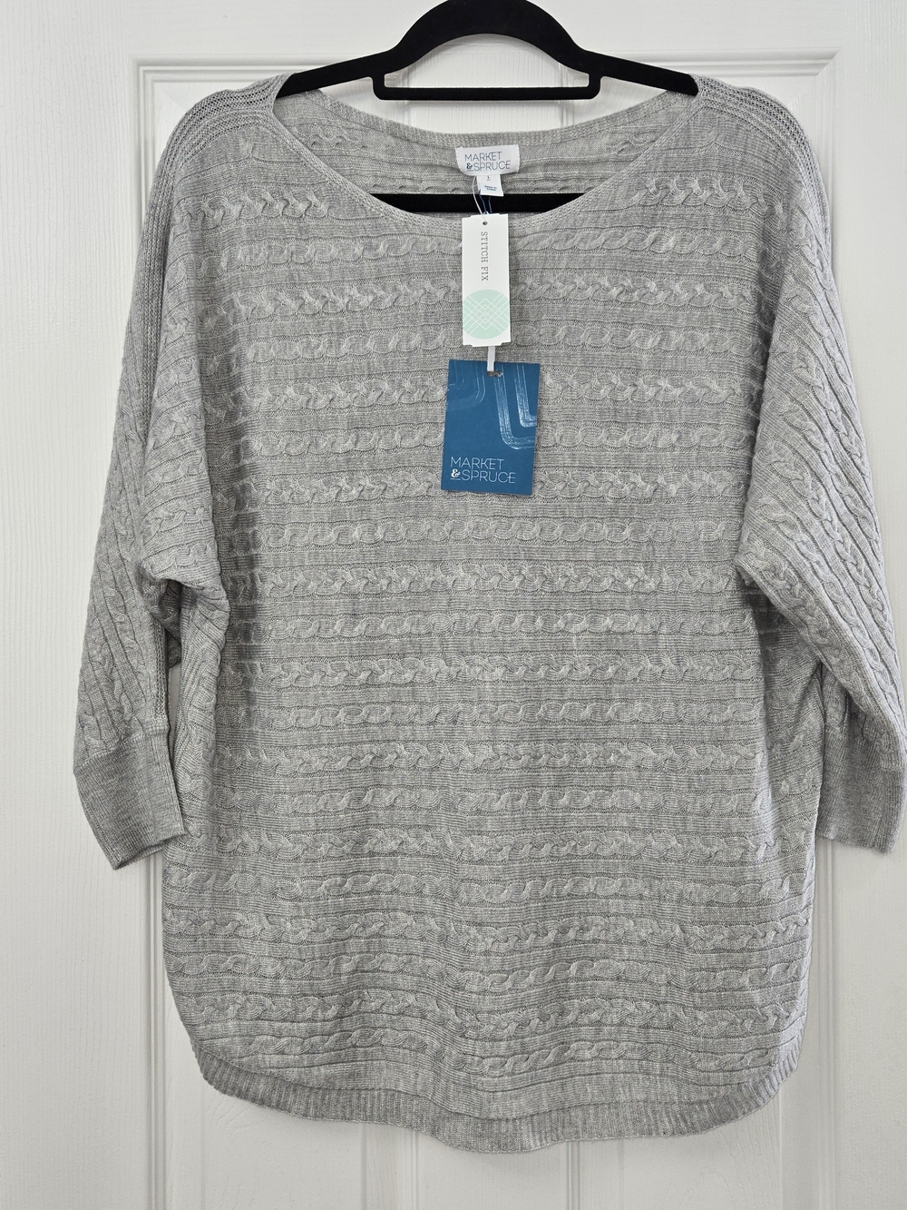 Market & Spruce Grey Cable Knit Dolman Sleeve Sweater NWT Cashmere Silk Blend L